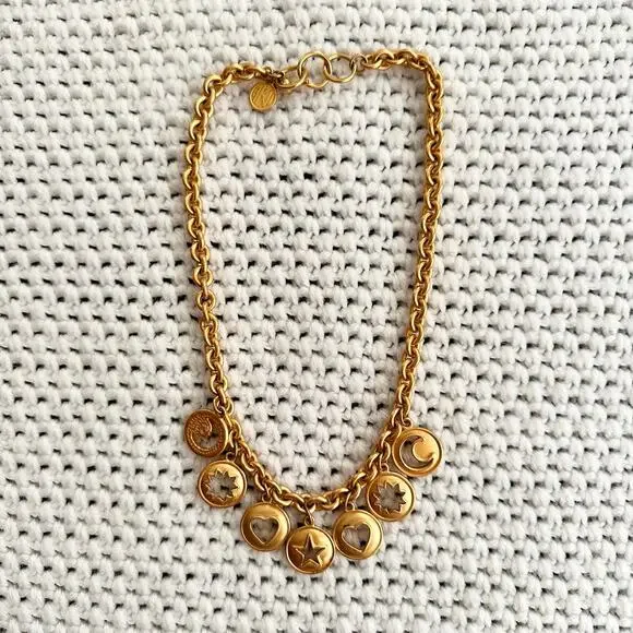 Anne Klein Vintage 80s Gold Tone Celestial Carved Medallion Charm Necklace RARE